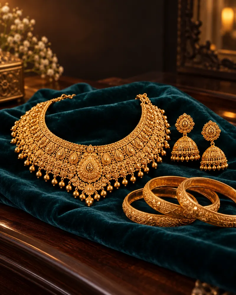 A traditional gold necklace, earrings and bangles on teal velvet