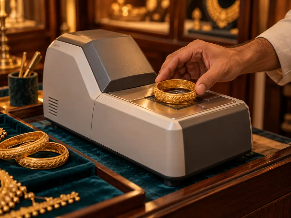 A gold bangle being placed on a gold testing machine
