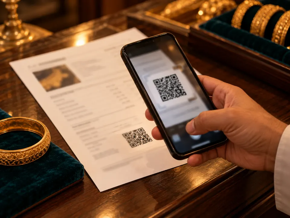 A phone camera pointed at the QR code on a printed report